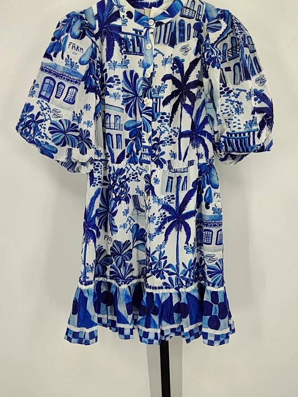 FARM Rio Sweet Rio Mini Dress Blue White Floral Palms. *MISSING the Belt.